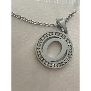 Initial O Pendant Necklace Silver Tone Rhinestone Necklace
